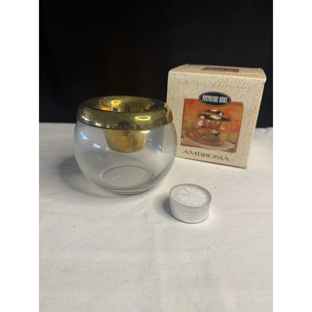 Ambrosia Brass Glass Potpourri Votive Candle Bowl Vintage 1995 Star Pattern 3.5"
